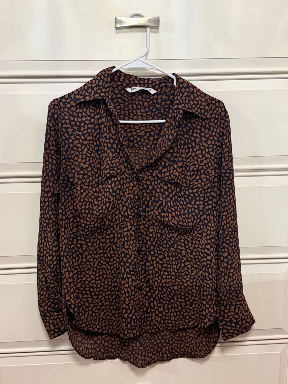 Zara Navy and Brown Printed Button-Down Blouse